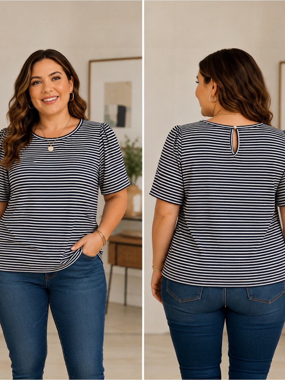 Michael Kors 1X Black White Striped Puff Sleeve Knit Top Plus Size